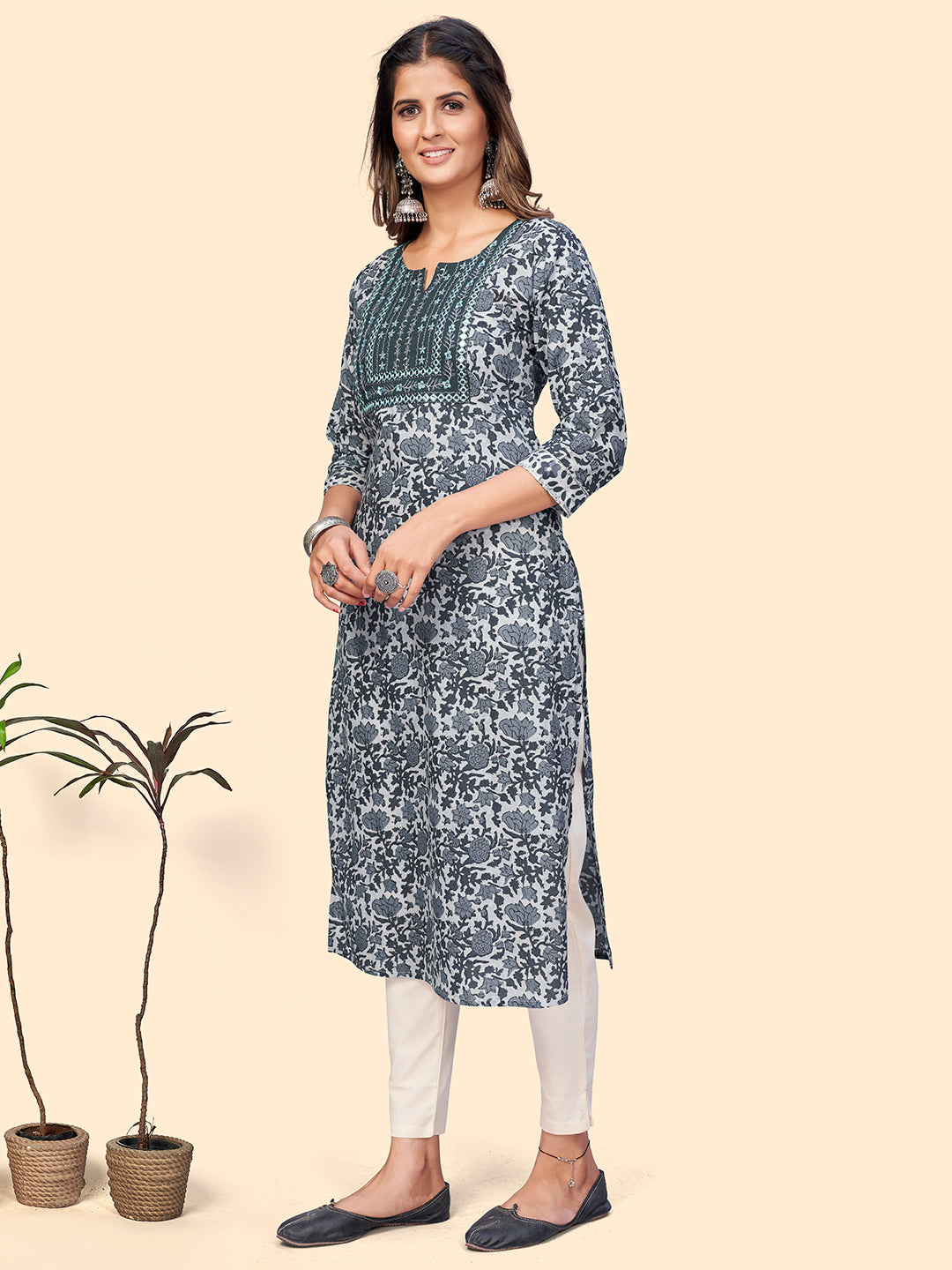 NOZ2TOZ Women's Print & Embroidered Straight Cotton Grey Stitched Kurta - Distacart