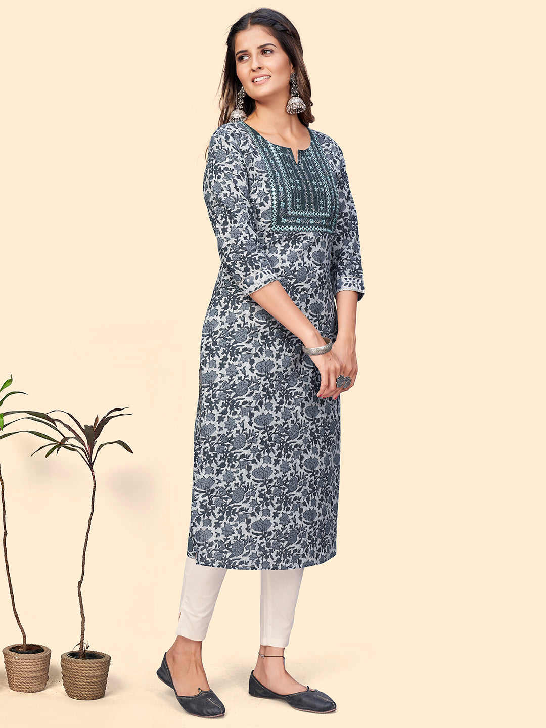 NOZ2TOZ Women's Print & Embroidered Straight Cotton Grey Stitched Kurta - Distacart