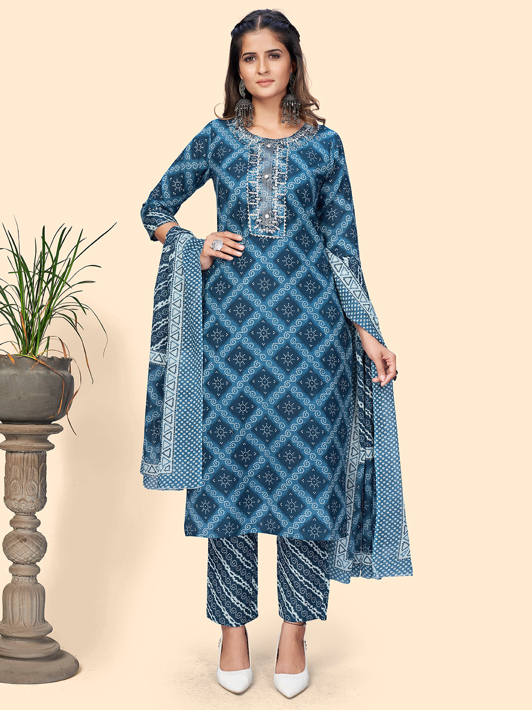 Blue All over Printed Cotton Stitched Straight Suit Set