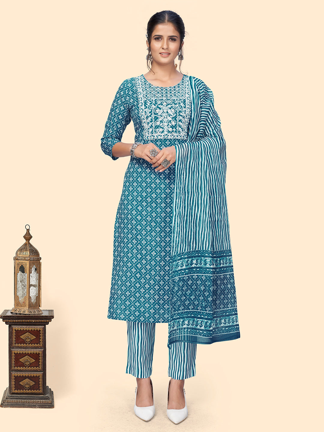 NOZ2TOZ Women's Print & Embroidered Straight Rayon Blue Stitched Kurta Pant With Dupatta - Distacart