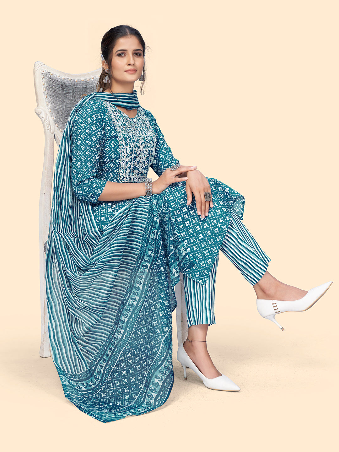 NOZ2TOZ Women's Print & Embroidered Straight Rayon Blue Stitched Kurta Pant With Dupatta - Distacart