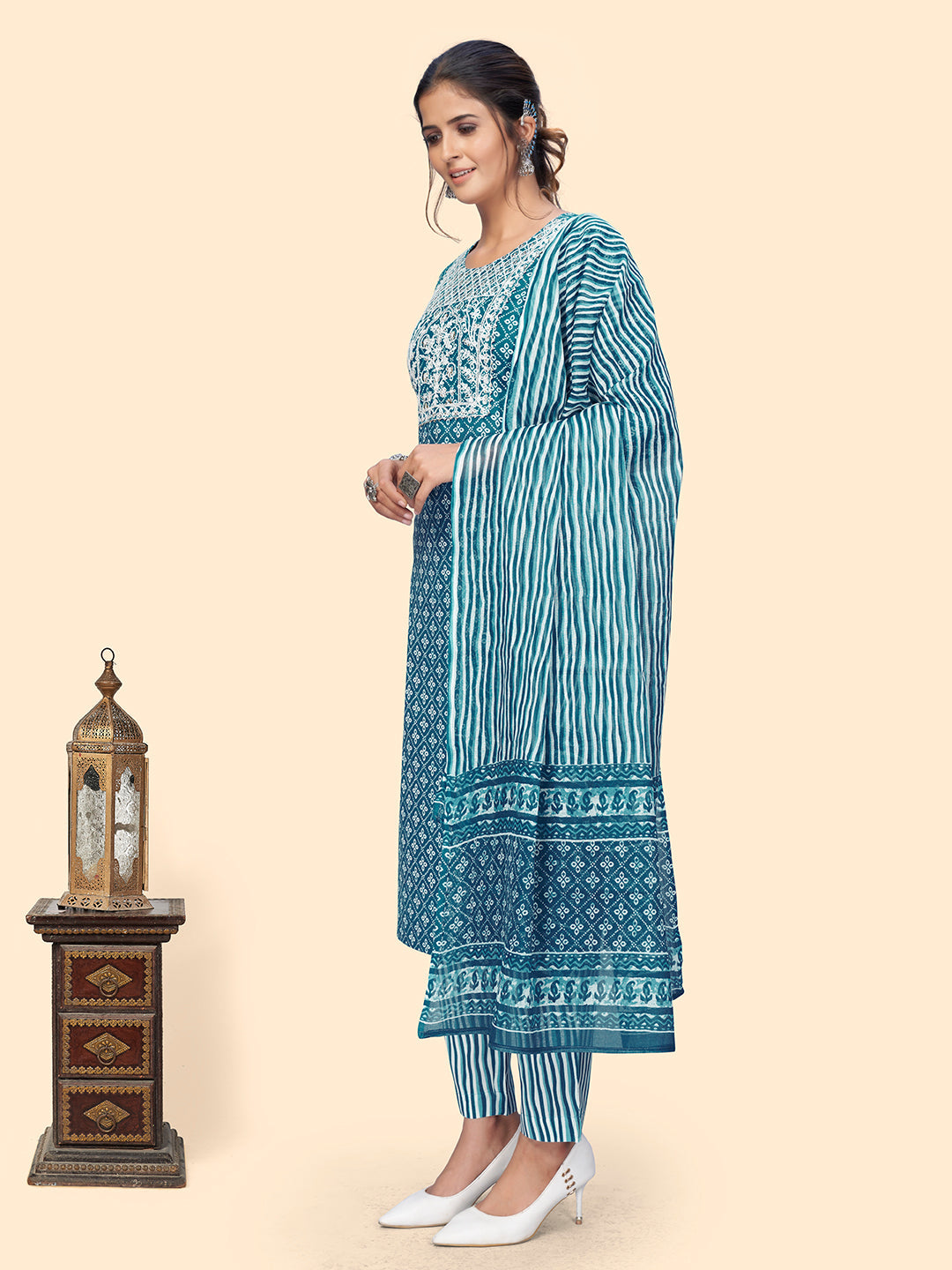 NOZ2TOZ Women's Print & Embroidered Straight Rayon Blue Stitched Kurta Pant With Dupatta - Distacart