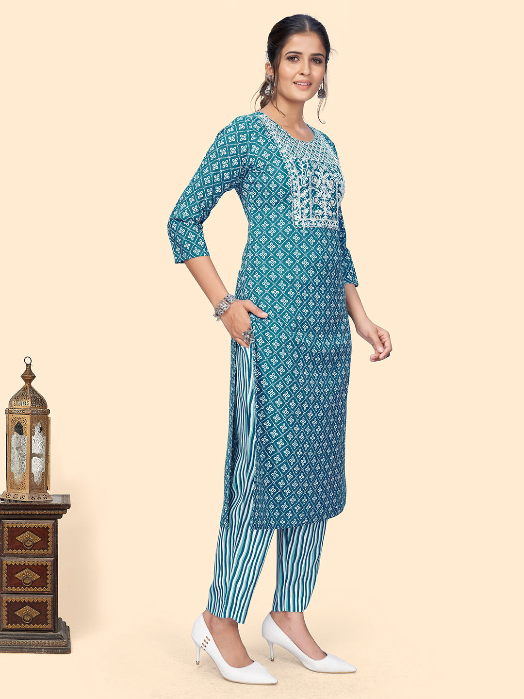 NOZ2TOZ Women's Print & Embroidered Straight Rayon Blue Stitched Kurta Pant With Dupatta - Distacart