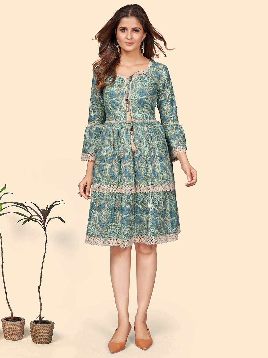 NOZ2TOZ Women's Printed Flared Cotton Sea Green Stitched Dress - Distacart