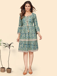 Thumbnail for NOZ2TOZ Women's Printed Flared Cotton Sea Green Stitched Dress - Distacart