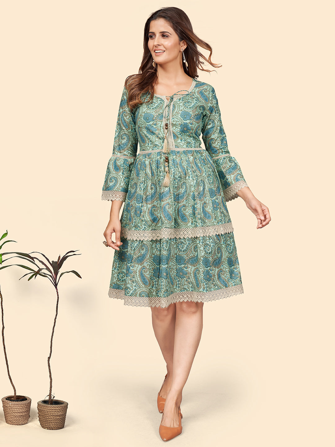 NOZ2TOZ Women's Printed Flared Cotton Sea Green Stitched Dress - Distacart