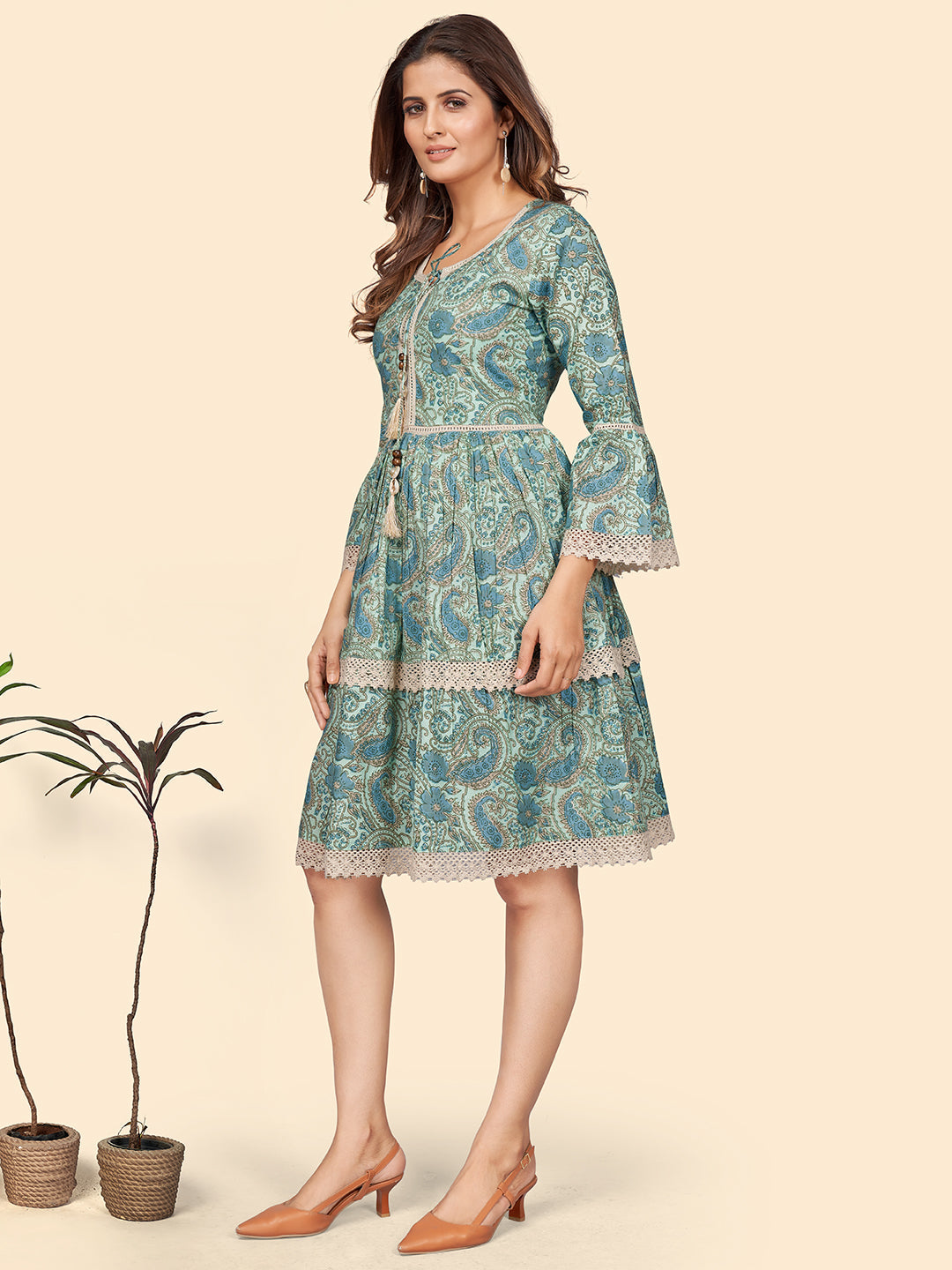 NOZ2TOZ Women's Printed Flared Cotton Sea Green Stitched Dress - Distacart