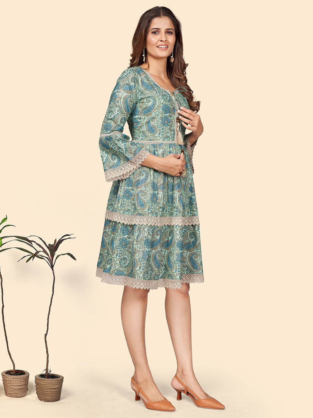 NOZ2TOZ Women's Printed Flared Cotton Sea Green Stitched Dress - Distacart