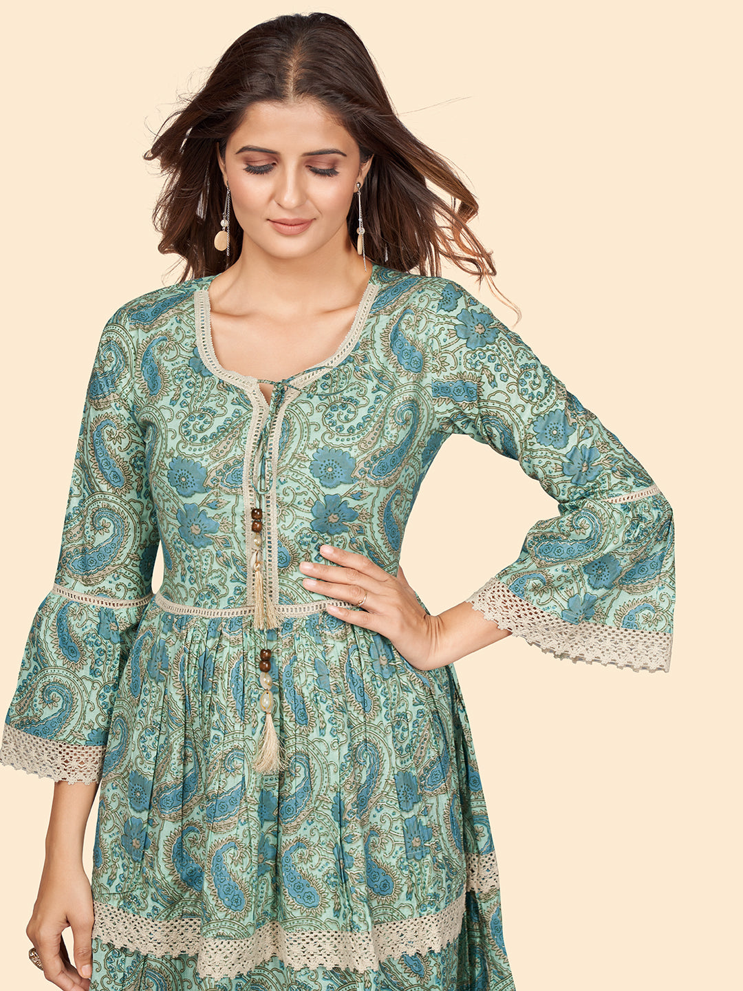 NOZ2TOZ Women's Printed Flared Cotton Sea Green Stitched Dress - Distacart