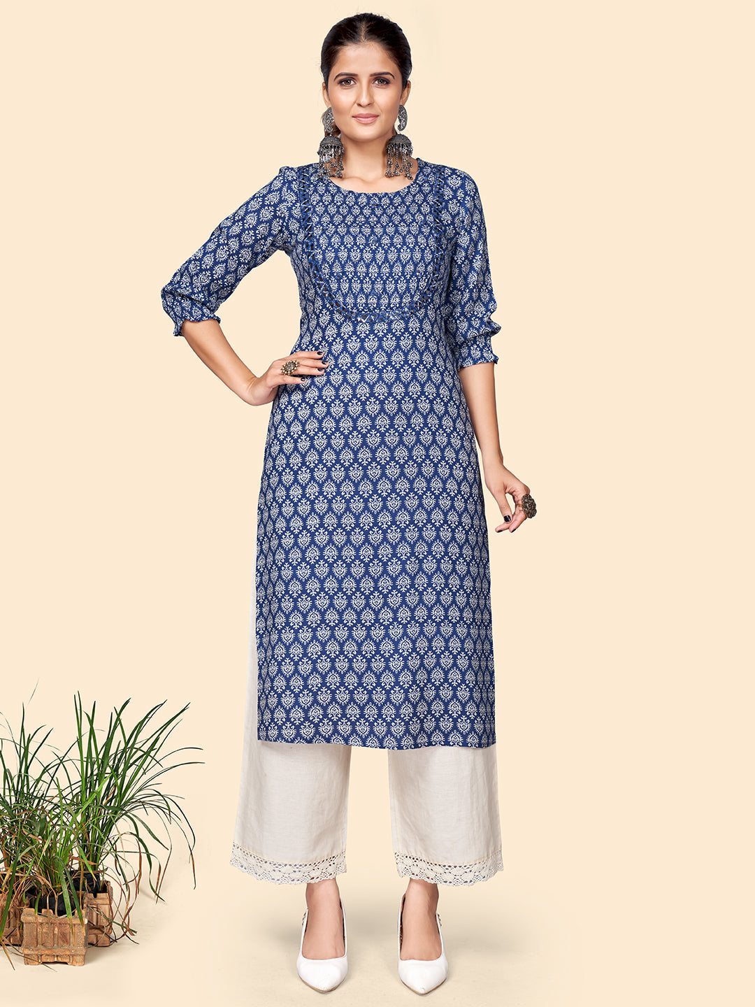 NOZ2TOZ Women's Print & Mirror Work Straight Cotton Blue Stitched Kurta - Distacart