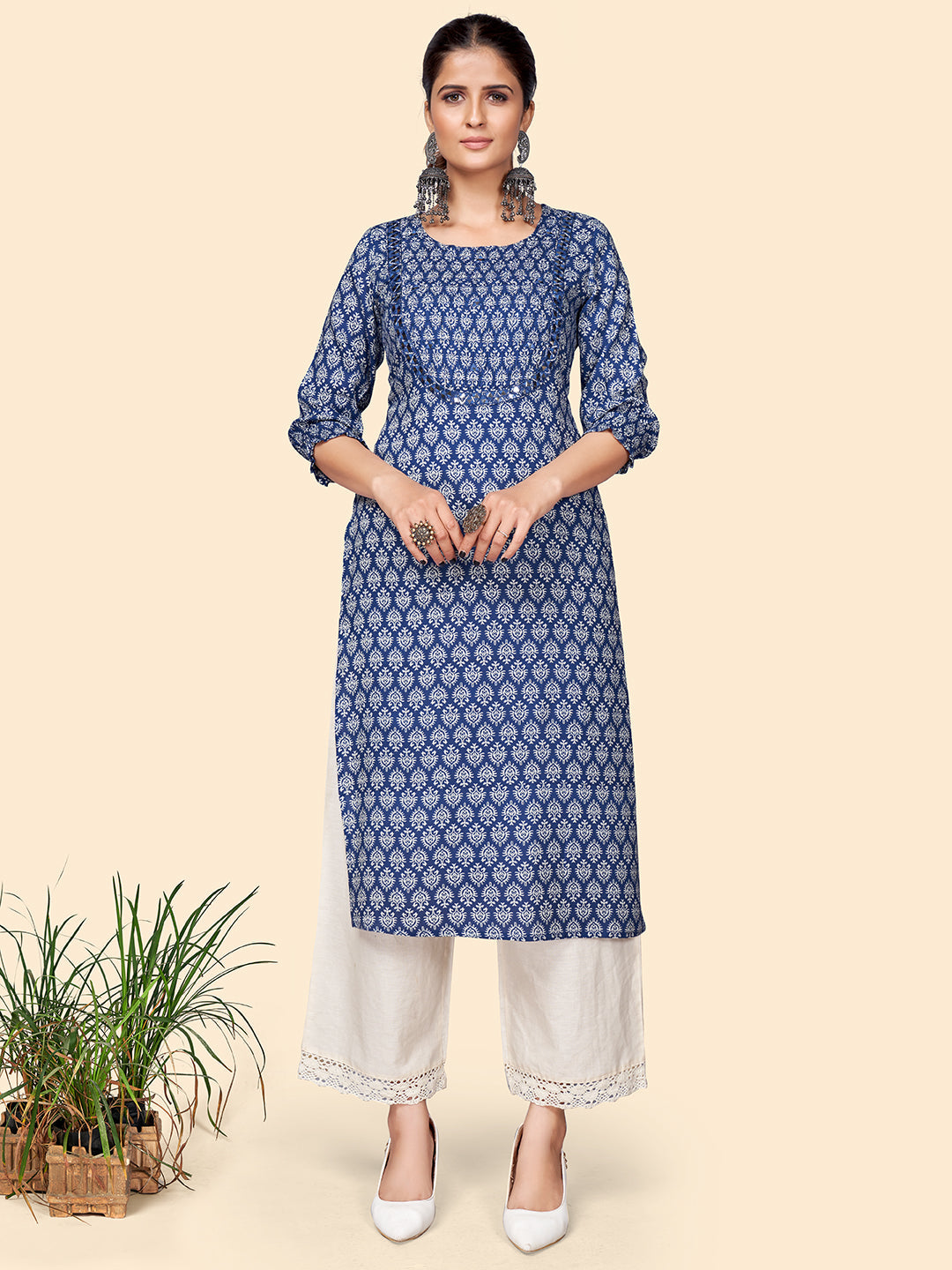 NOZ2TOZ Women's Print & Mirror Work Straight Cotton Blue Stitched Kurta - Distacart