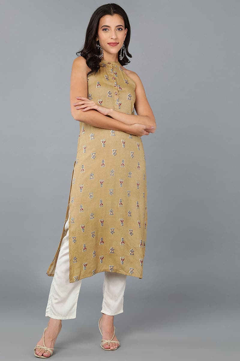 Women's Striking Mustard Cotton Ethnic Motifs Kurta - Rasiya - Distacart