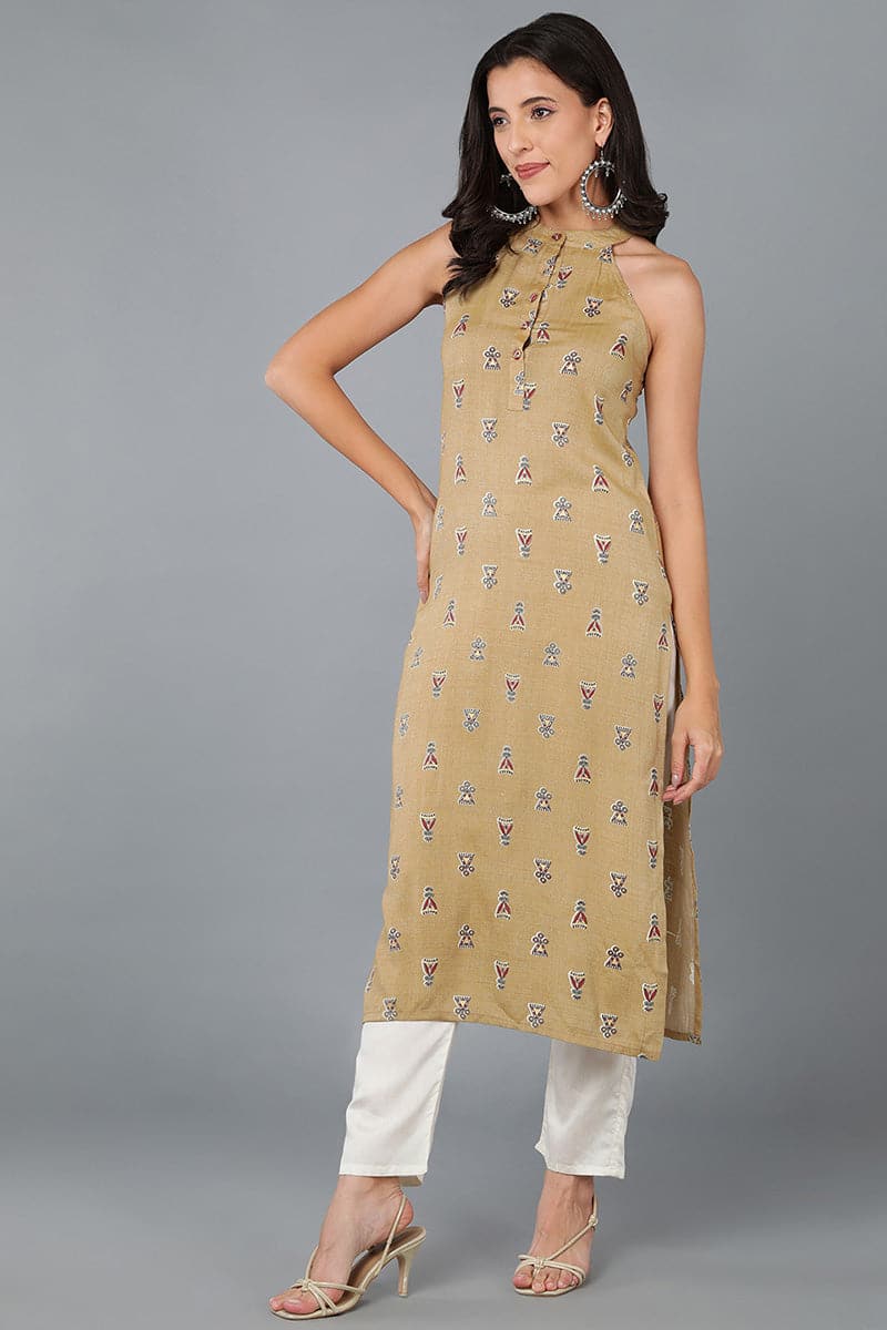 Women's Striking Mustard Cotton Ethnic Motifs Kurta - Rasiya - Distacart