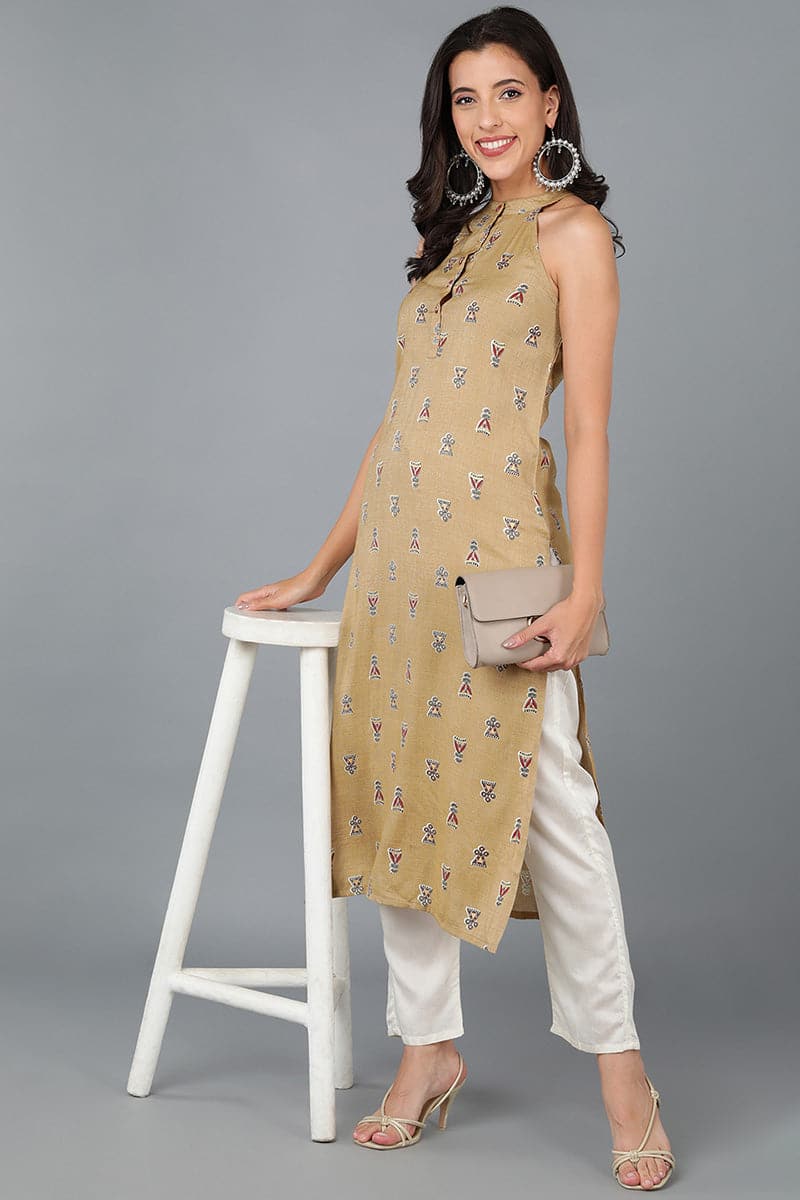 Women's Striking Mustard Cotton Ethnic Motifs Kurta - Rasiya - Distacart