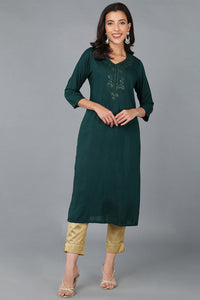 Thumbnail for Women's Green Cotton Blend Solid Embroidered Straight Kurta - Rasiya - Distacart