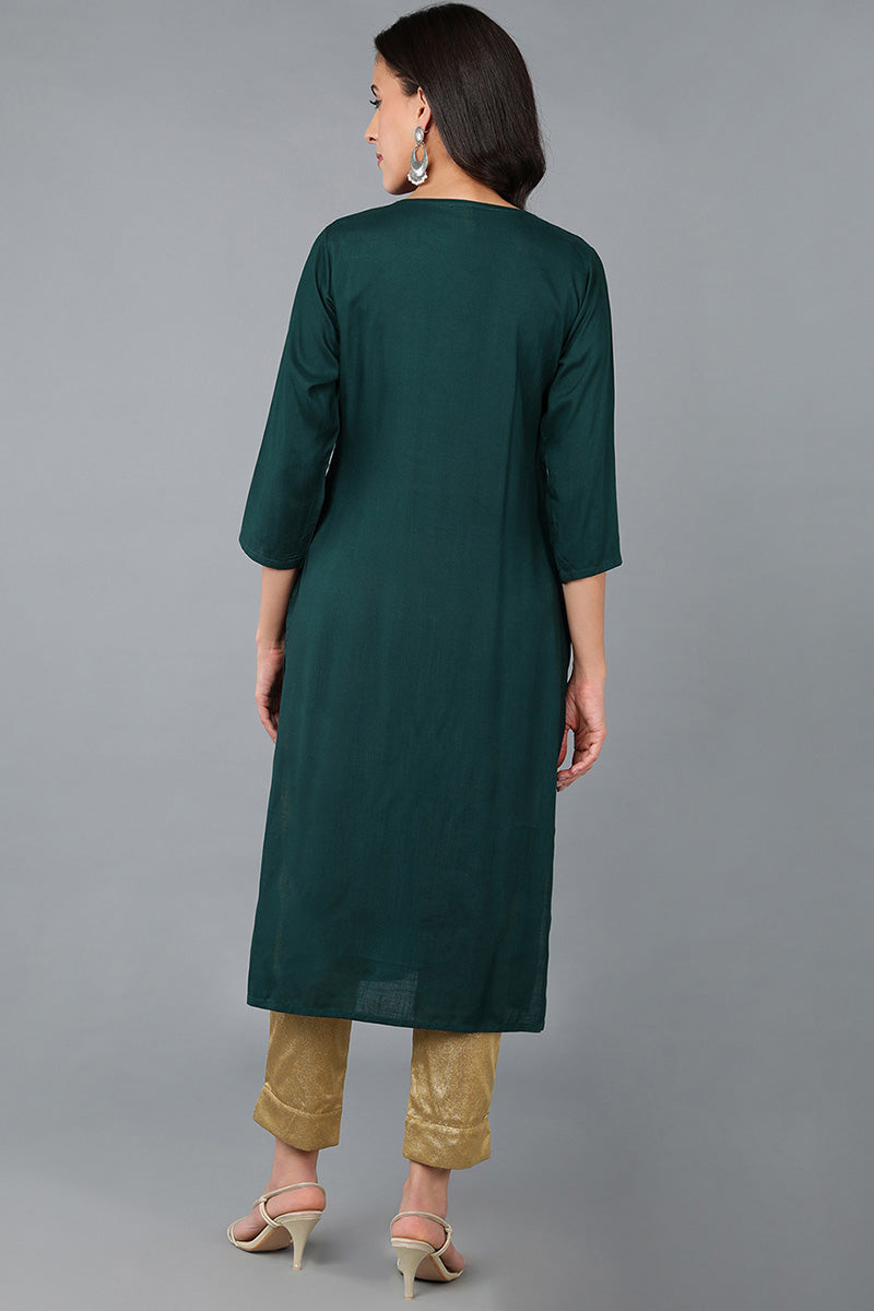 Women's Green Cotton Blend Solid Embroidered Straight Kurta - Rasiya - Distacart