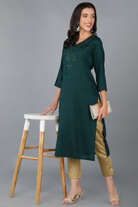 Thumbnail for Women's Green Cotton Blend Solid Embroidered Straight Kurta - Rasiya - Distacart