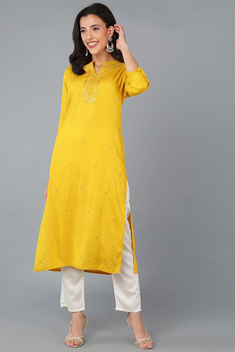 Women's Yellow Cotton Blend Solid Embroidered Straight Kurta - Rasiya - Distacart