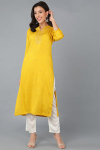 Thumbnail for Women's Yellow Cotton Blend Solid Embroidered Straight Kurta - Rasiya - Distacart