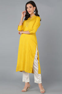 Thumbnail for Women's Yellow Cotton Blend Solid Embroidered Straight Kurta - Rasiya - Distacart