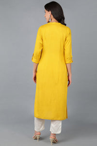 Thumbnail for Women's Yellow Cotton Blend Solid Embroidered Straight Kurta - Rasiya - Distacart