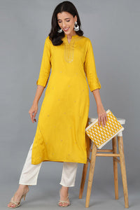 Thumbnail for Women's Yellow Cotton Blend Solid Embroidered Straight Kurta - Rasiya - Distacart