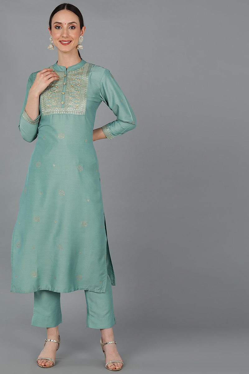 Women's Green Silk Blend Ethnic Motifs Yoke Design Straight Kurta - Rasiya - Distacart