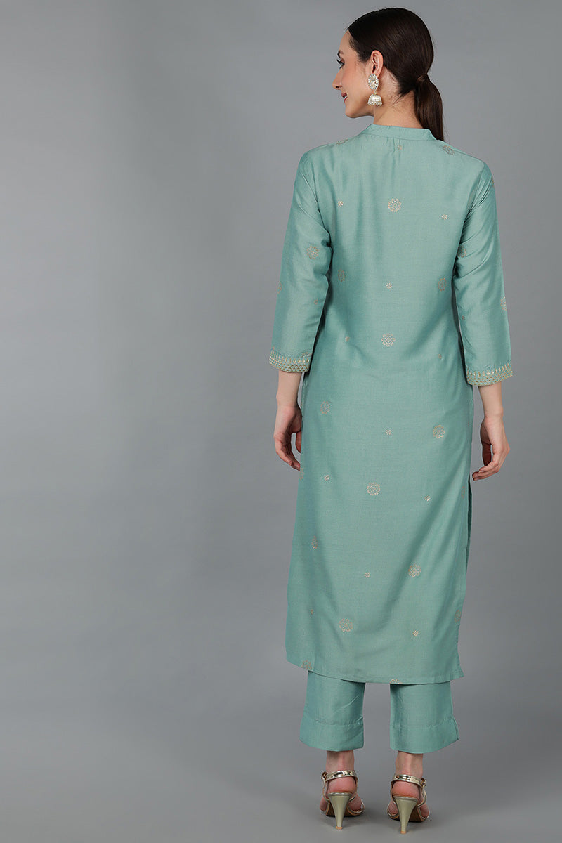 Women's Green Silk Blend Ethnic Motifs Yoke Design Straight Kurta - Rasiya - Distacart