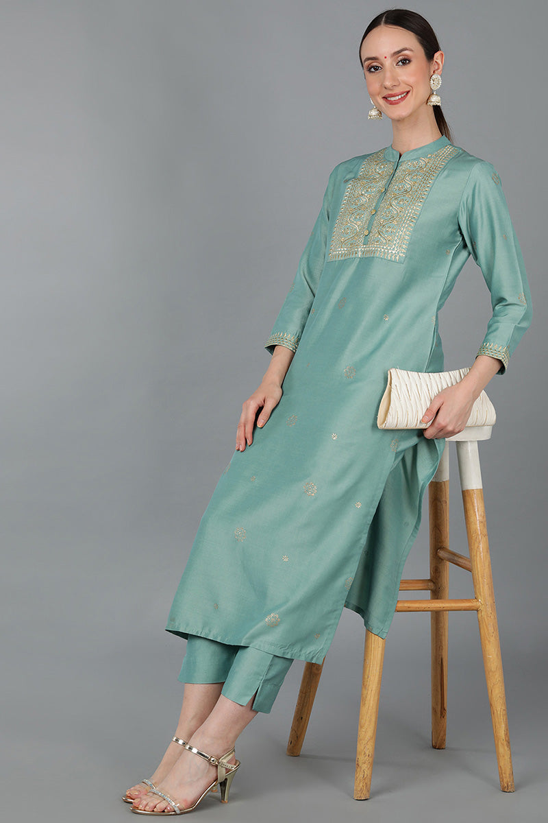 Women's Green Silk Blend Ethnic Motifs Yoke Design Straight Kurta - Rasiya - Distacart