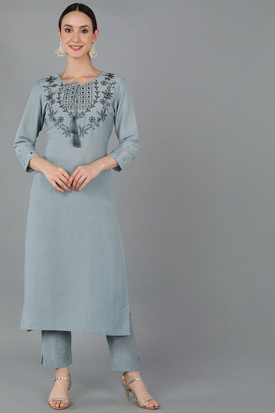 Women's Blue Silk Blend Solid Yoke Design Straight Kurta - Rasiya - Distacart