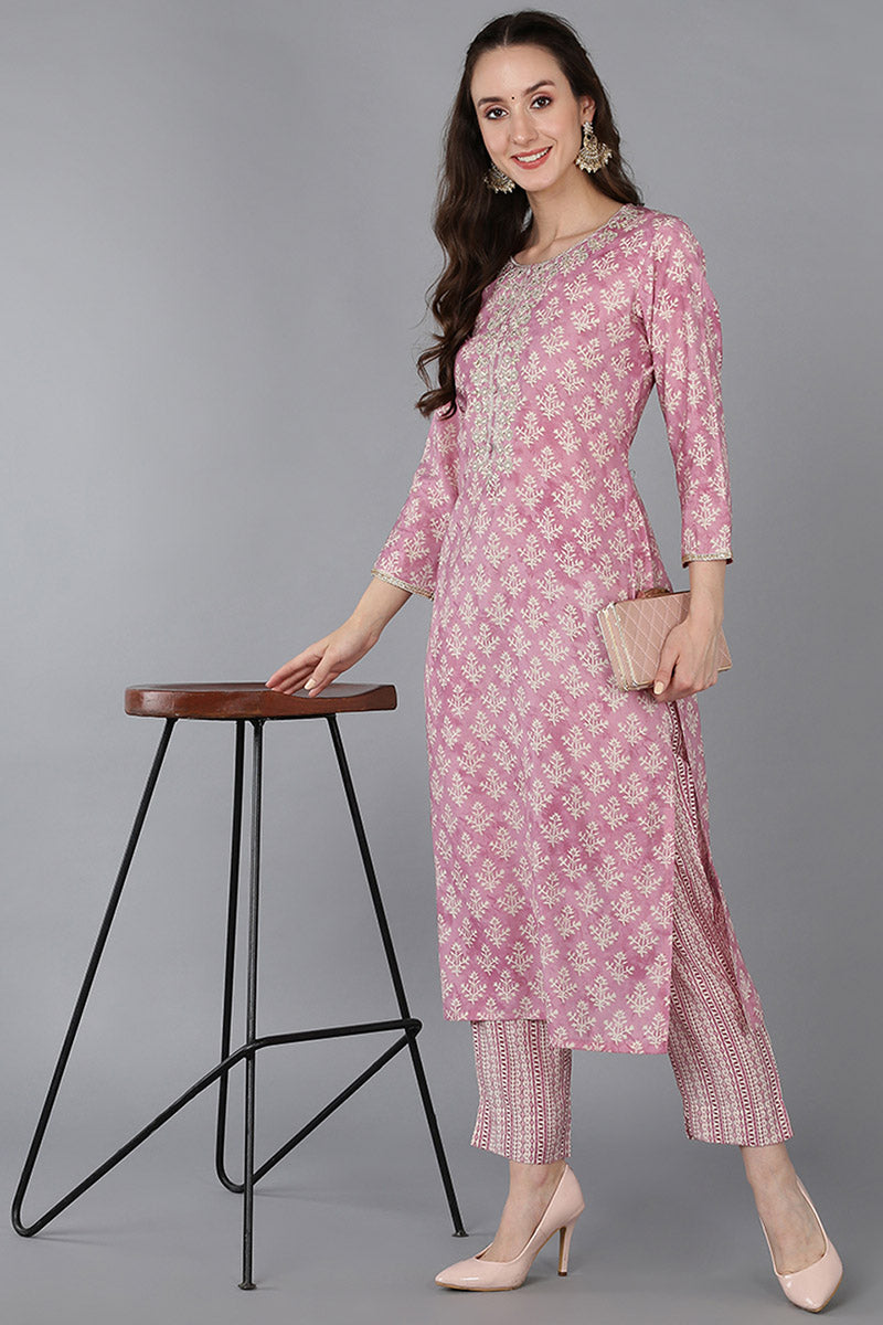 Women's Pink Silk Blend Ethnic Motifs Embroidered Straight Kurta - Rasiya - Distacart