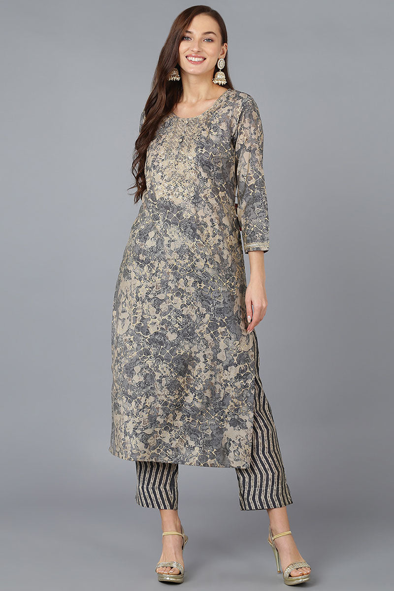 Women's Grey Silk Blend Abstract Embroidered Straight Kurta - Rasiya - Distacart