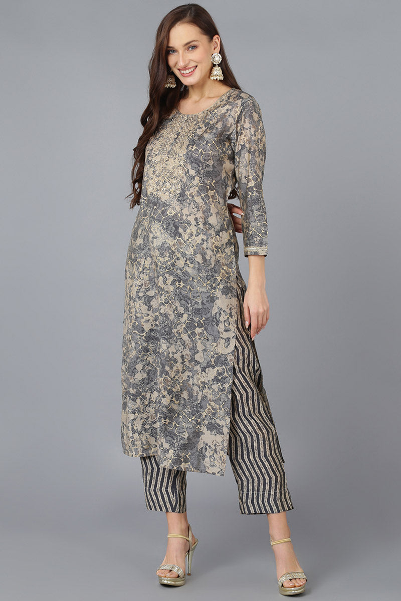 Women's Grey Silk Blend Abstract Embroidered Straight Kurta - Rasiya - Distacart