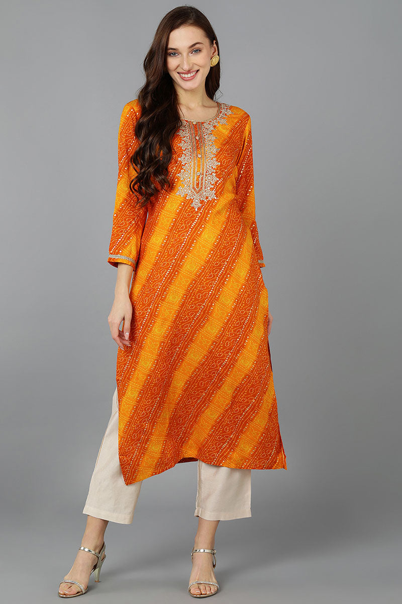 Women's Orange Viscose Rayon Bandhani Embroidered Straight Kurta - Rasiya - Distacart