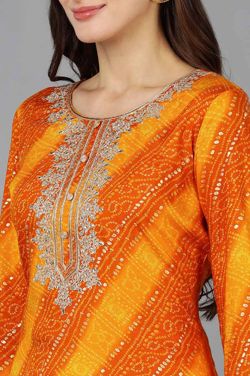 Women's Orange Viscose Rayon Bandhani Embroidered Straight Kurta - Rasiya - Distacart