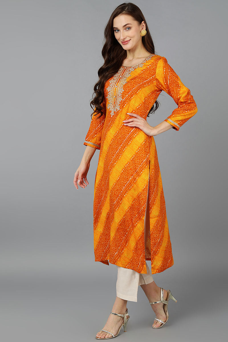 Women's Orange Viscose Rayon Bandhani Embroidered Straight Kurta - Rasiya - Distacart