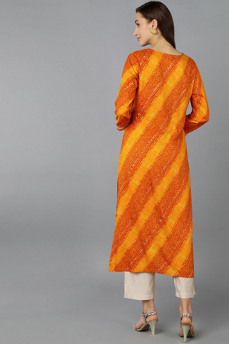 Women's Orange Viscose Rayon Bandhani Embroidered Straight Kurta - Rasiya - Distacart