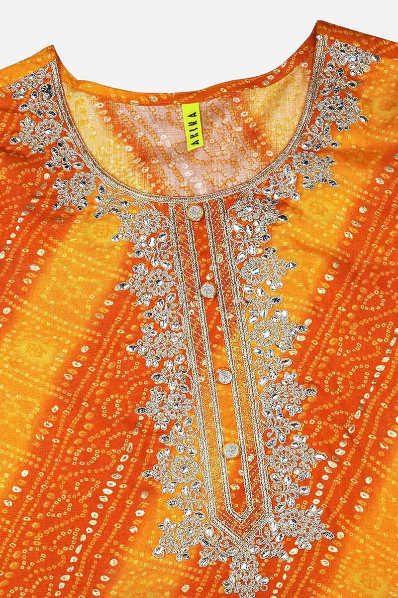 Women's Orange Viscose Rayon Bandhani Embroidered Straight Kurta - Rasiya - Distacart