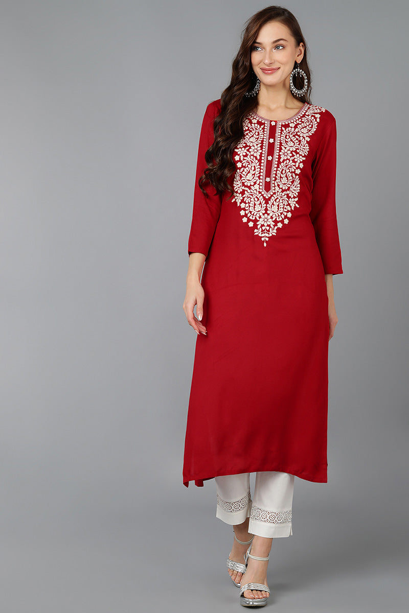 Women's Red Viscose Rayon Solid Embroidered Straight Kurta - Rasiya - Distacart