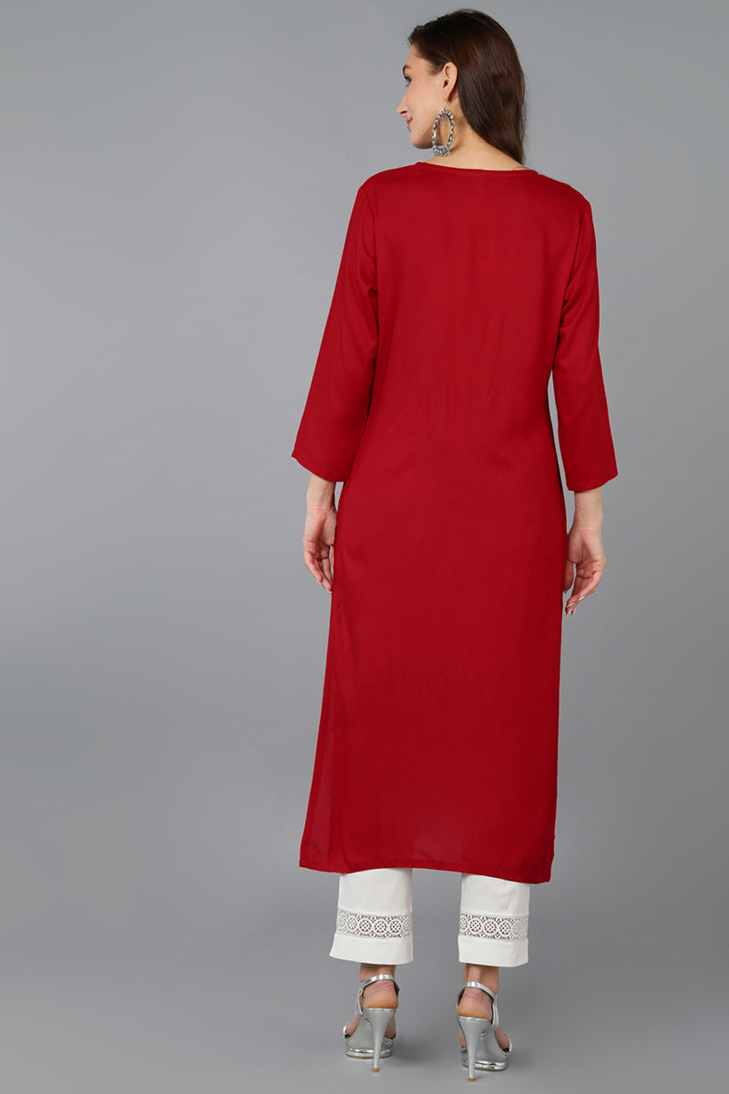 Women's Red Viscose Rayon Solid Embroidered Straight Kurta - Rasiya - Distacart