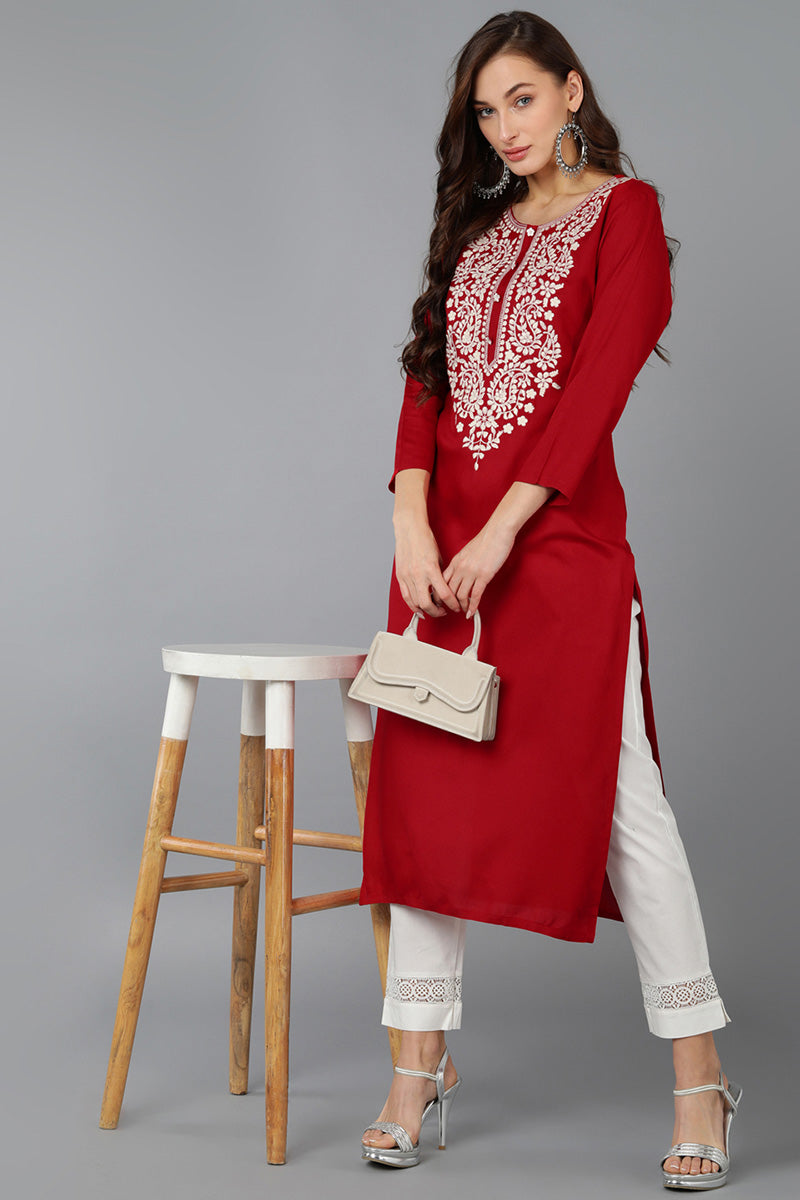 Women's Red Viscose Rayon Solid Embroidered Straight Kurta - Rasiya - Distacart