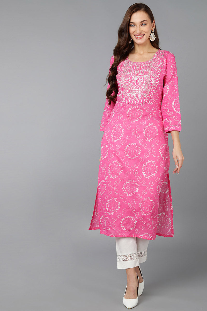 Women's Pink Cotton Bandhani Embroidered Straight Kurta - Rasiya - Distacart