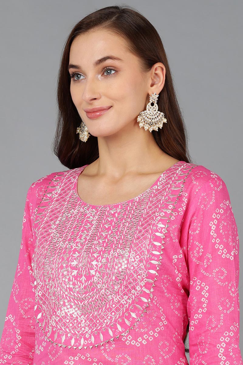 Women's Pink Cotton Bandhani Embroidered Straight Kurta - Rasiya - Distacart