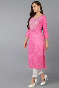 Thumbnail for Women's Pink Cotton Bandhani Embroidered Straight Kurta - Rasiya - Distacart