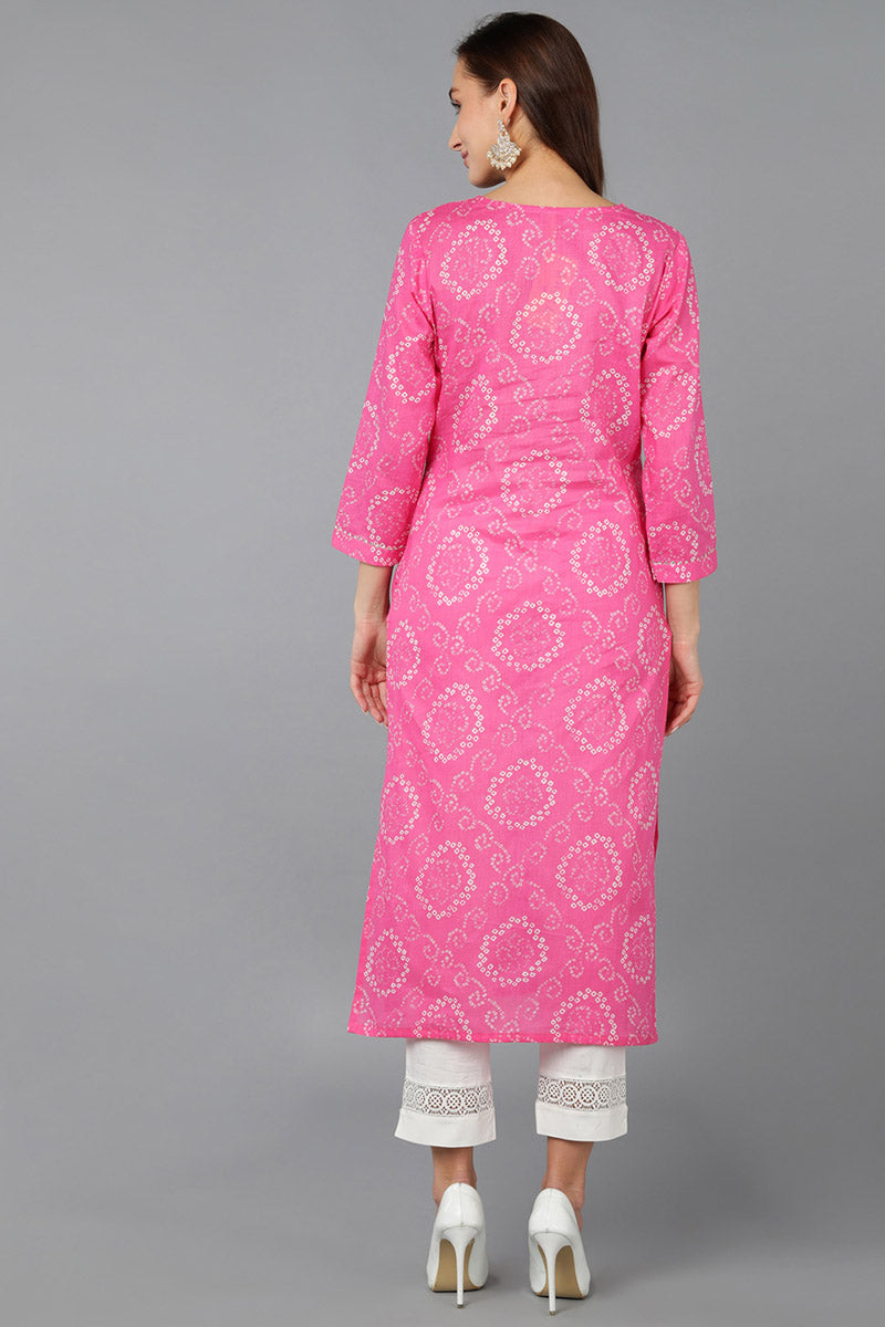 Women's Pink Cotton Bandhani Embroidered Straight Kurta - Rasiya - Distacart