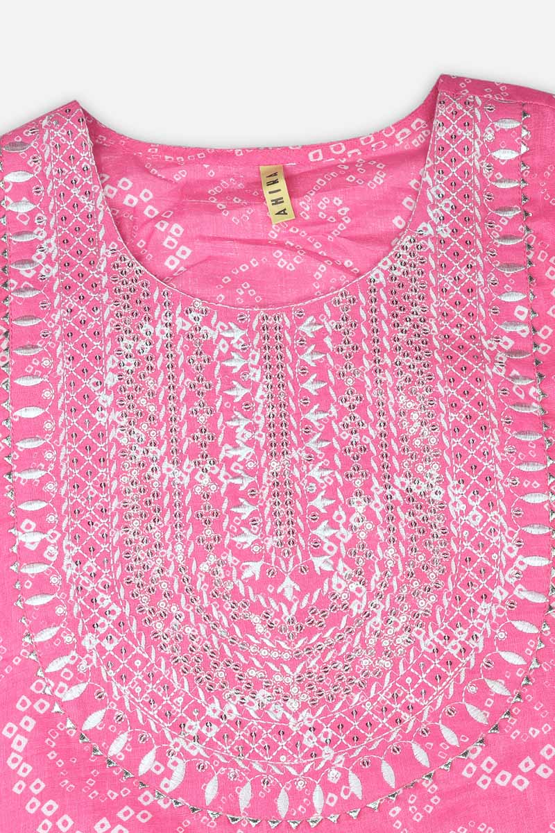 Women's Pink Cotton Bandhani Embroidered Straight Kurta - Rasiya - Distacart