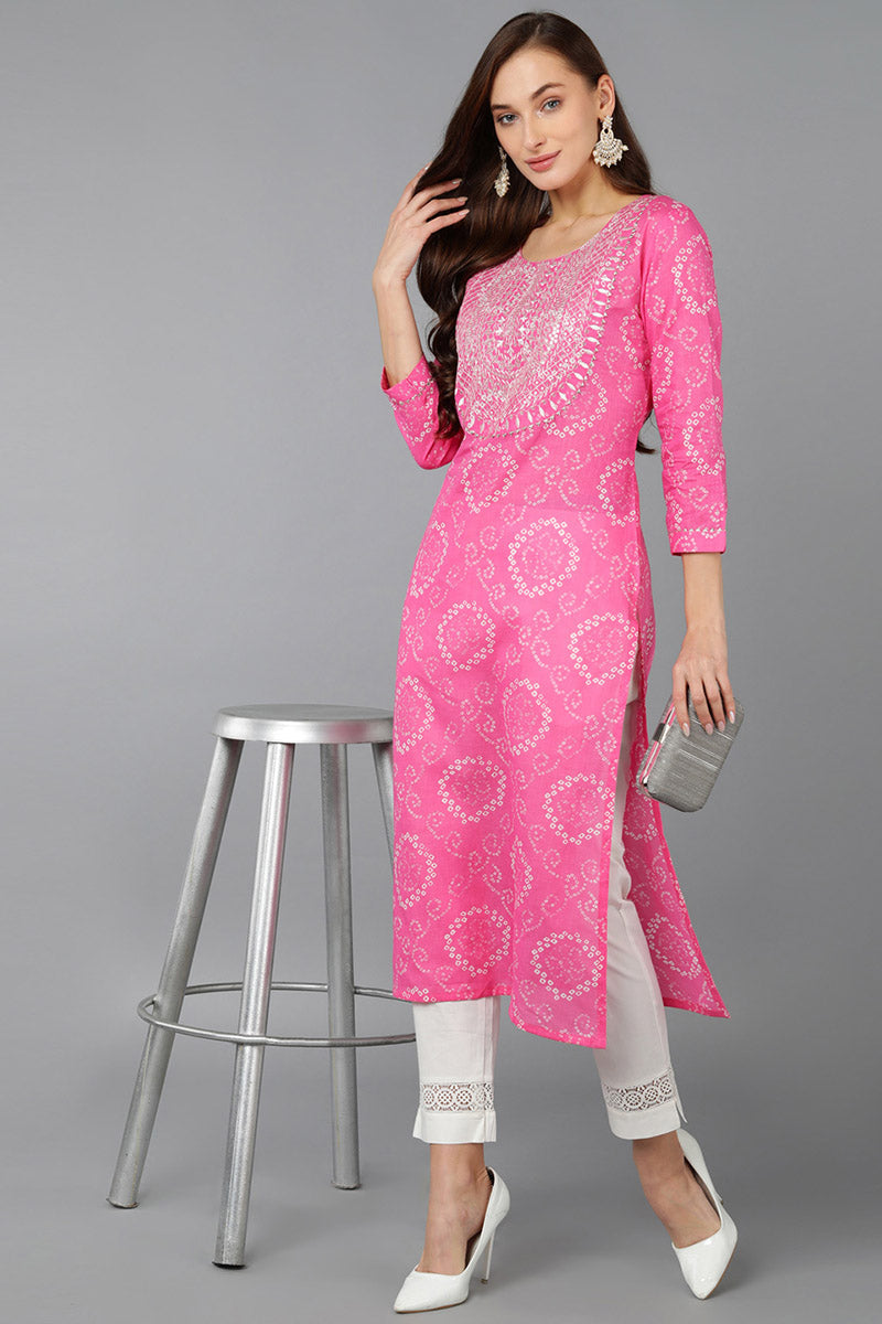 Women's Pink Cotton Bandhani Embroidered Straight Kurta - Rasiya - Distacart