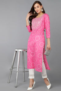 Thumbnail for Women's Pink Cotton Bandhani Embroidered Straight Kurta - Rasiya - Distacart