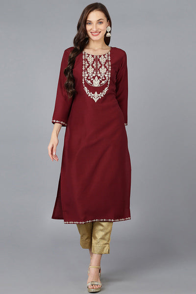 Women's Maroon Silk Blend Solid Embroidered Straight Kurta - Rasiya - Distacart