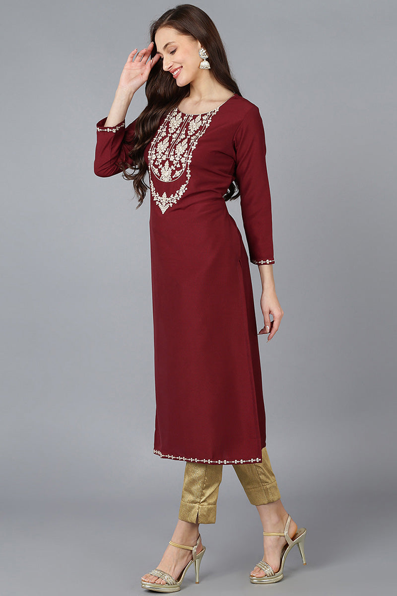 Women's Maroon Silk Blend Solid Embroidered Straight Kurta - Rasiya - Distacart